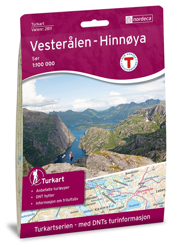 DNT-2811  Vesteralen Hinnoya zuid wandelkaart 1:100.000 7046660028117  Nordeca Turkart Norge 1:100.000  Wandelkaarten Lofoten en Vesterålen